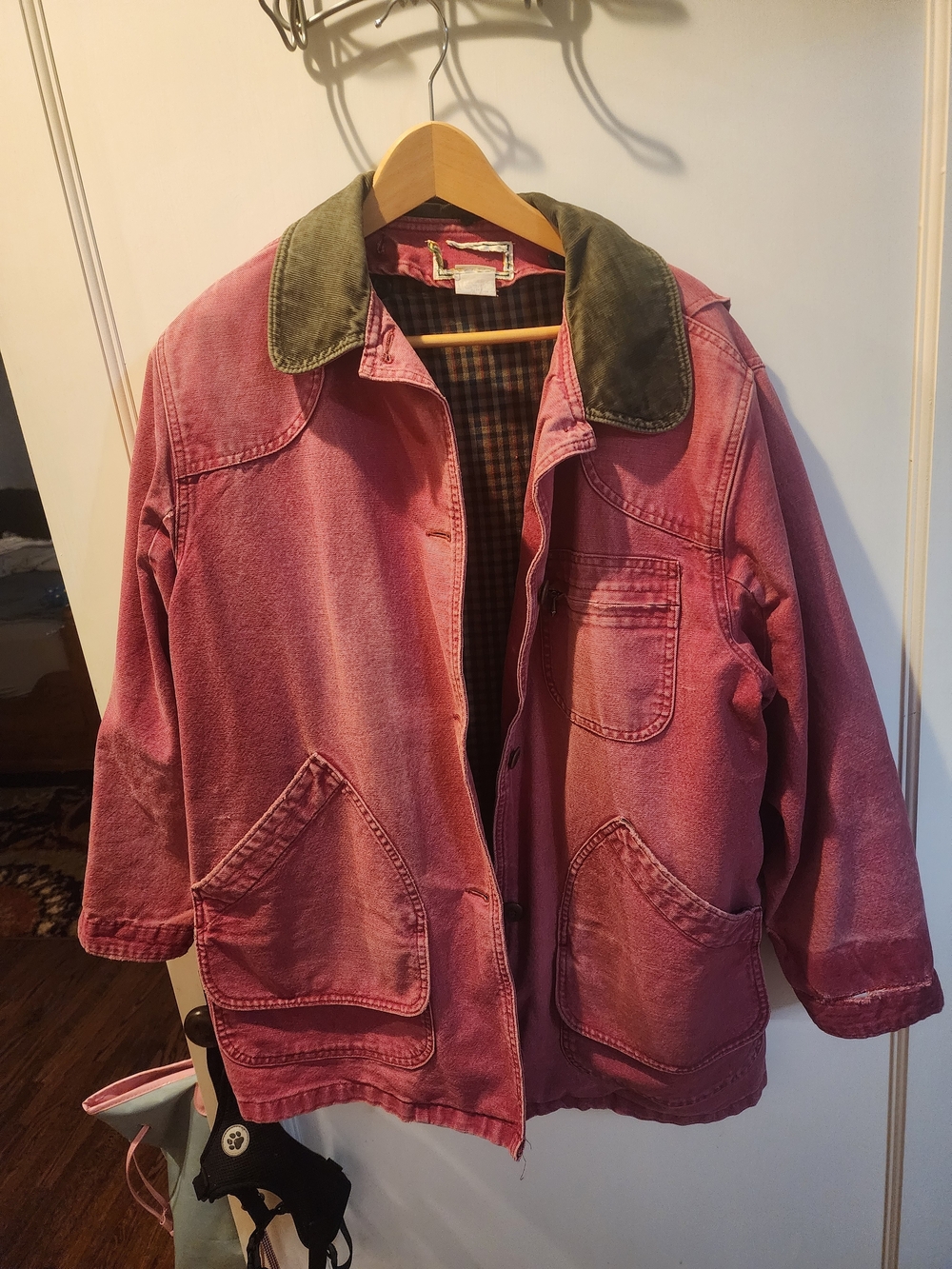 L.L. Bean Pink Canvas Jacket with Green Corduroy Collar